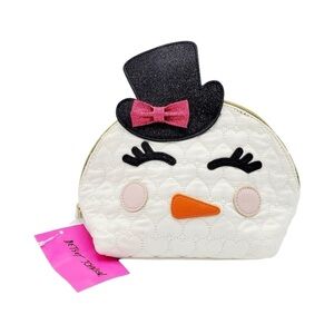 Betsey Johnson Happy‎ Snowman Kitsch Cosmetic Bag with Quilted Hearts